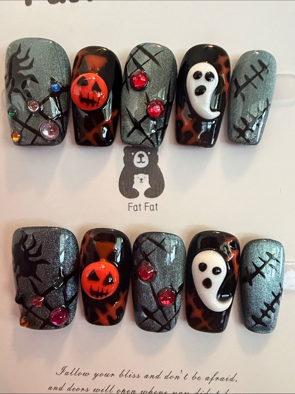 Halloween Ghost & Pumpkin handmade acrylic press on nails- Gray, Black, Orange